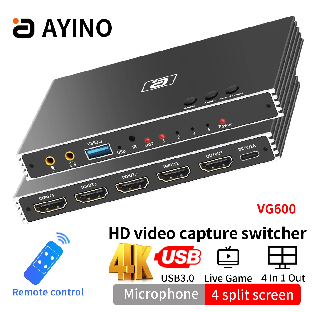 AYINO VG600 HDMI2.0 Video Capture Card USB3.0 4 In 1 Out Switcher Audio Separator Mic Recorder Game To PC With Remote Control