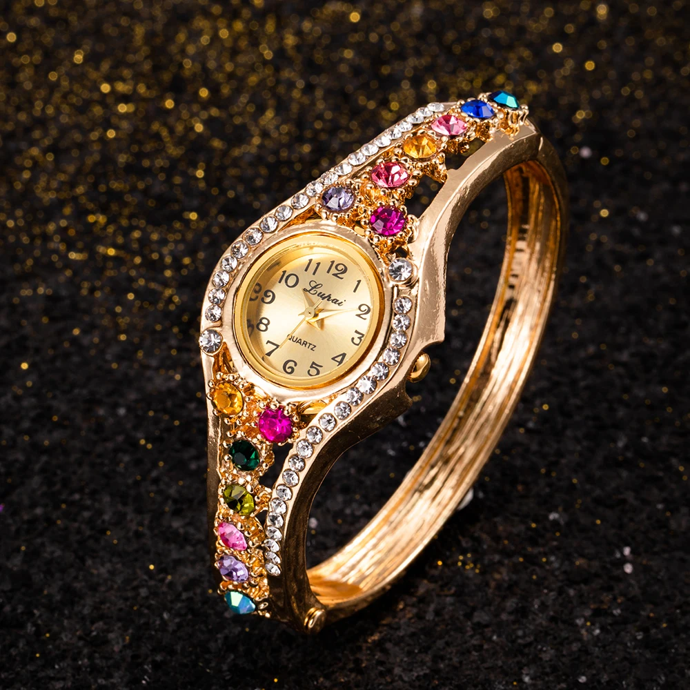 Luxury Golden Women Watches Retro Diamond Quartz Watches for Women Fashion Elegant Steel Ladies Bangle Bracelet Wristwatch Clock