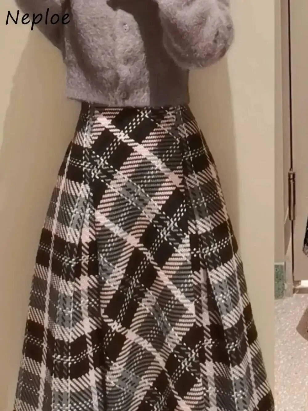 

BabYoung Haruku A-Line Ruched Plaid Slim Moda Skirt Mid-Length Wool Elegant All-Match Faldas Japan New Exquisite Mujer Falda