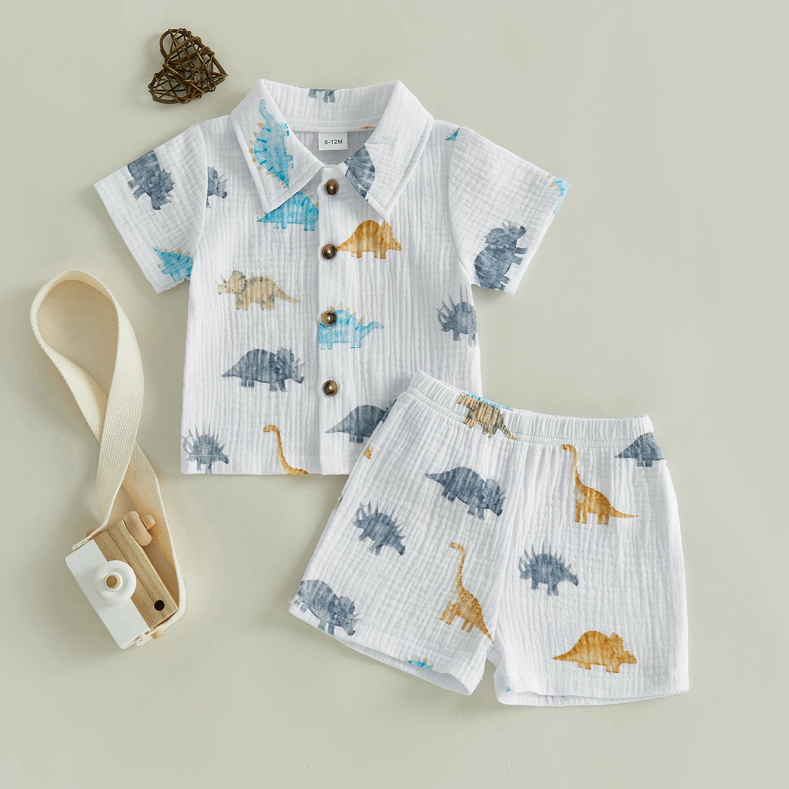 VISgogo Toddler Baby Boy Dinosaur Shorts Set Animal Short Sleeve Button-up Collared Shirt and Shorts 2 Piece Summer Outfit