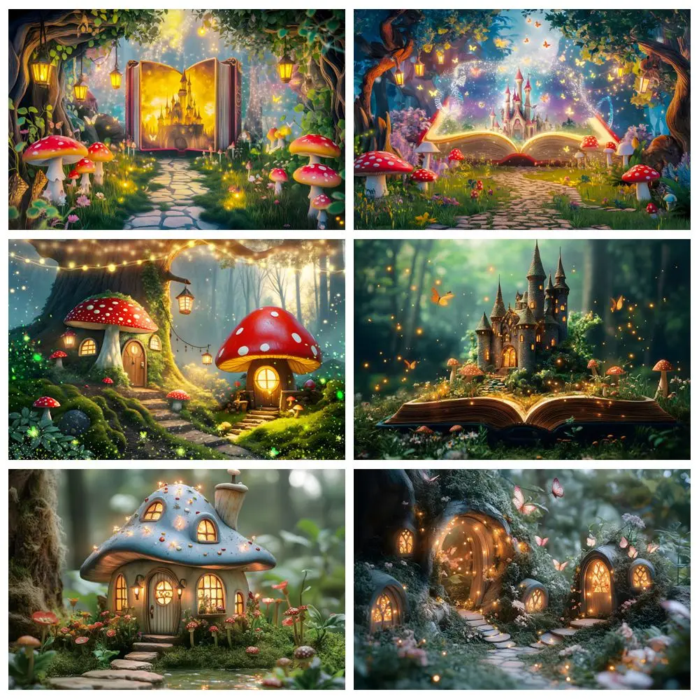 

Magic Forest Backdrop Dreamy Butterfly Castle Mushroom Tress Princess Birthday Party Wedding Photography Background Photo Studio