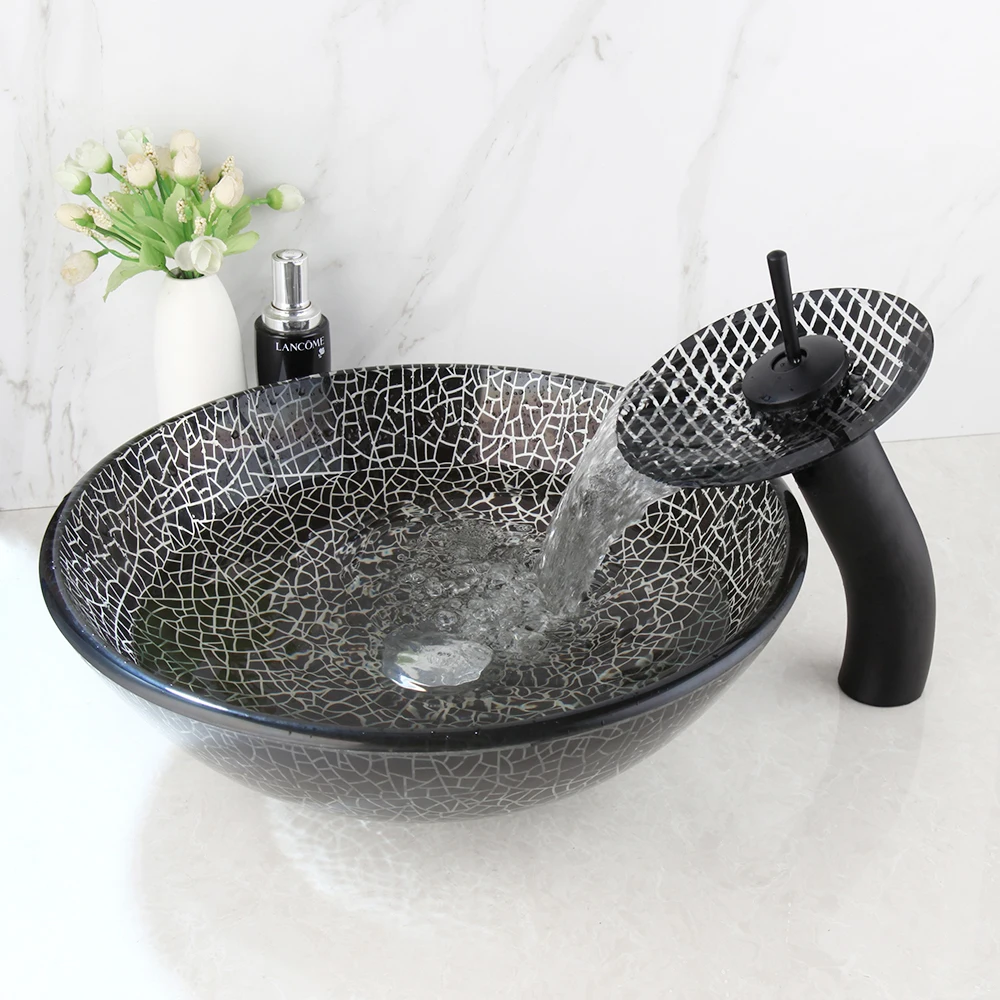 ZAPPO Bathroom Tempered Glass Washbasin Vessel Sink Faucet Combo Countertop Basin Sink Black Art Round Basin Bowl with Mixer