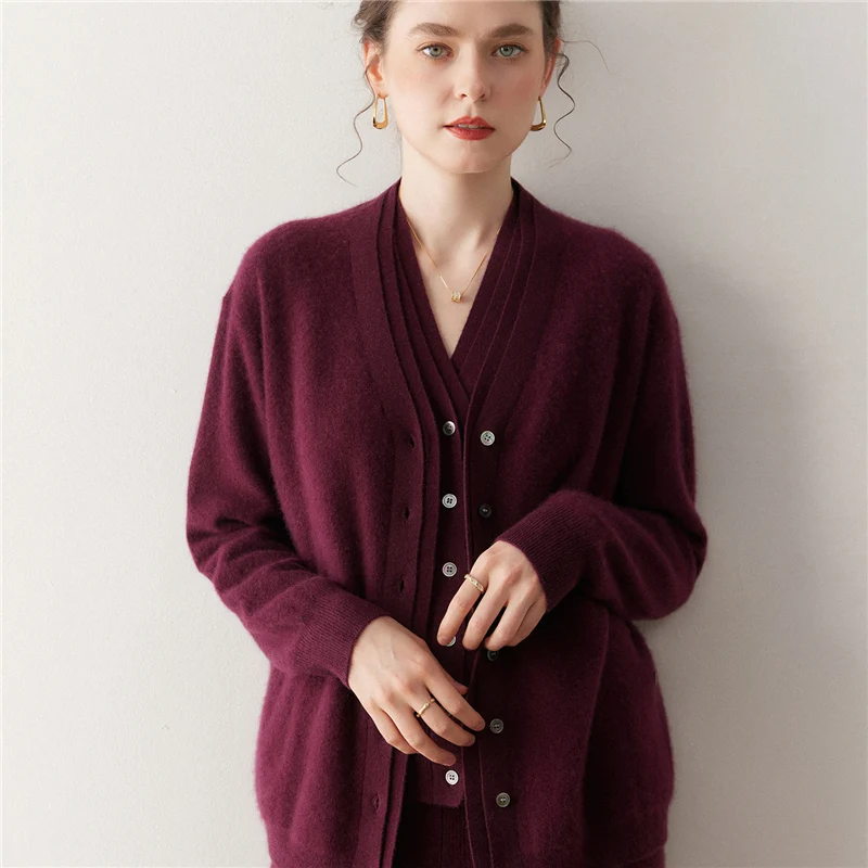 

Women's 100% Cashmere Cardigan, Double Side V-Neck, Double Layer Neck, Spring Autumn Winter Elegant Soft Cashmere Knitwear