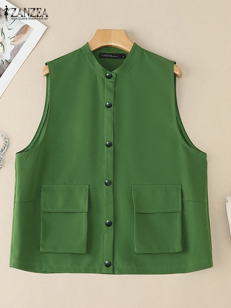 

ZANZEA 2025 жилеты без рукавов для женщин, большие повседневные однотонные жилеты с круглым вырезом на пуговицах и передними карманами, верхняя одежда, осенняя мода 3XL