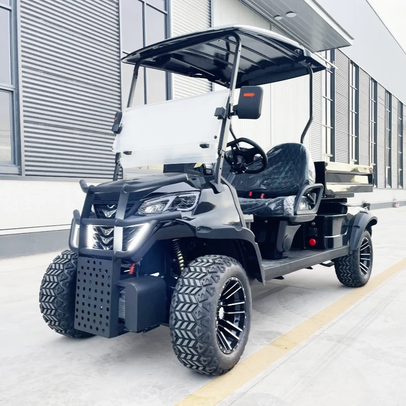 

Lithium Battery Electric Golf Cart Rough Terrain Off Road Golf Cart Black Upholstered Seat Off-Road Tires Rear Cargo Box Bumper