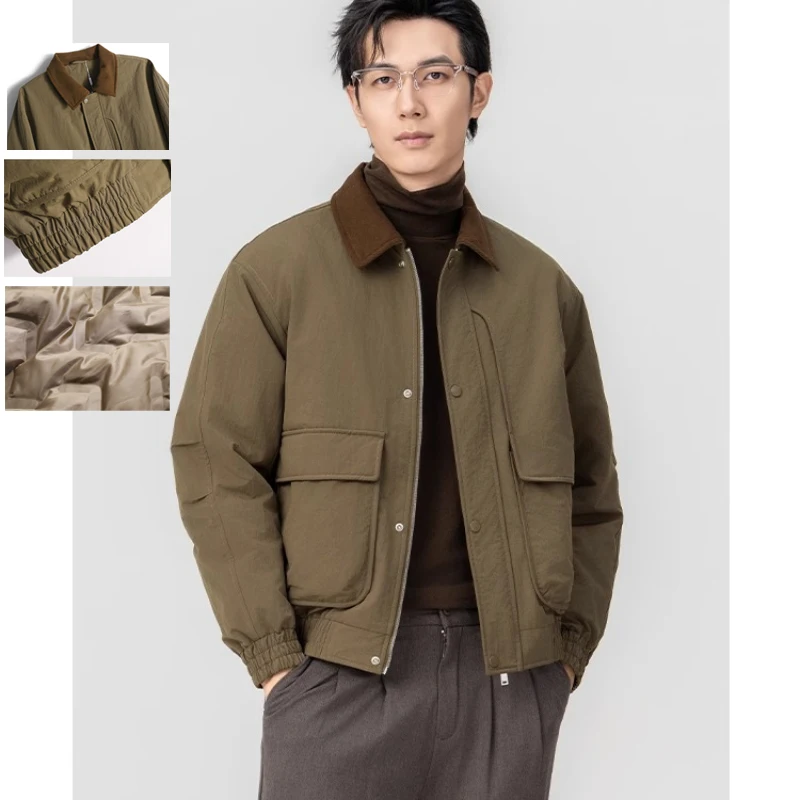 

Men's American Style Turn-Down Collar Barn Jacket - Short Quilted Down Coat, Black (Khaki) Autumn Warm