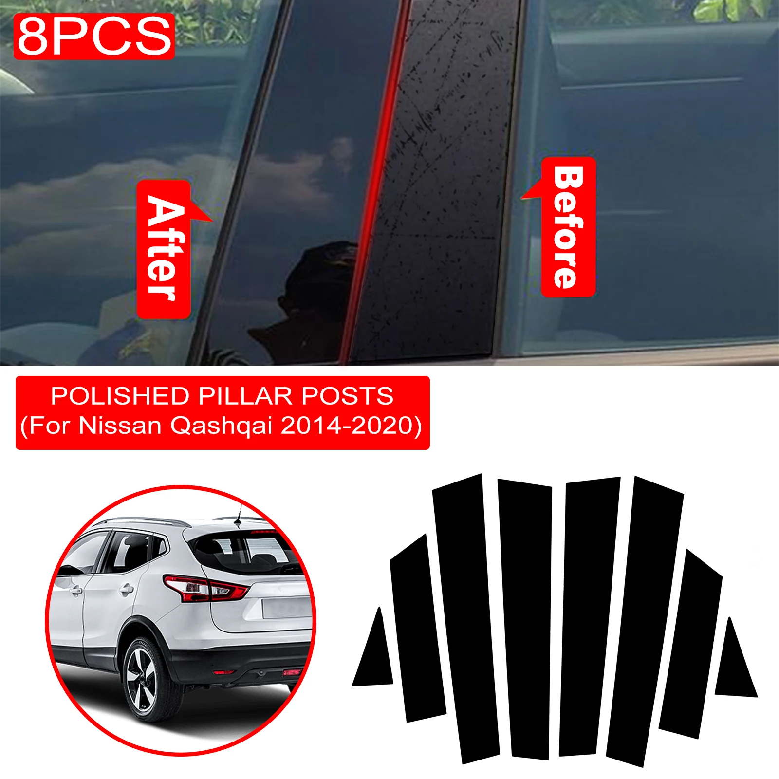 Black Mirror Effect Car Window Pillar Trim Cover BC Column Stickers For Nissan Qashqai 2014-2020 Auto Accessories