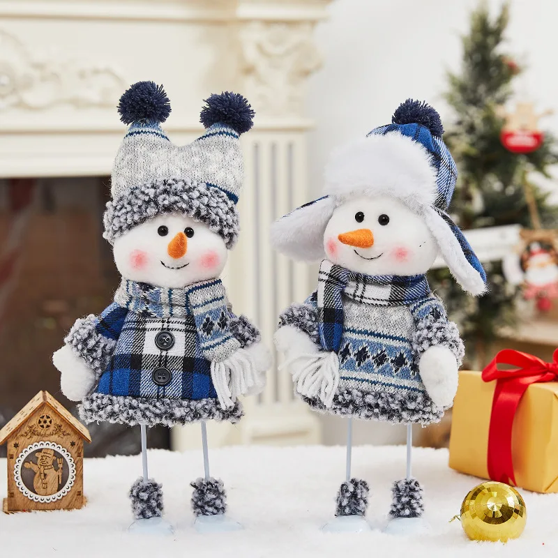 Christmas Snowman Doll Tabletop Decoration Blue Plaid Plush Figurine Adjustable Legs Xmas Tree Home Party Holiday Decor
