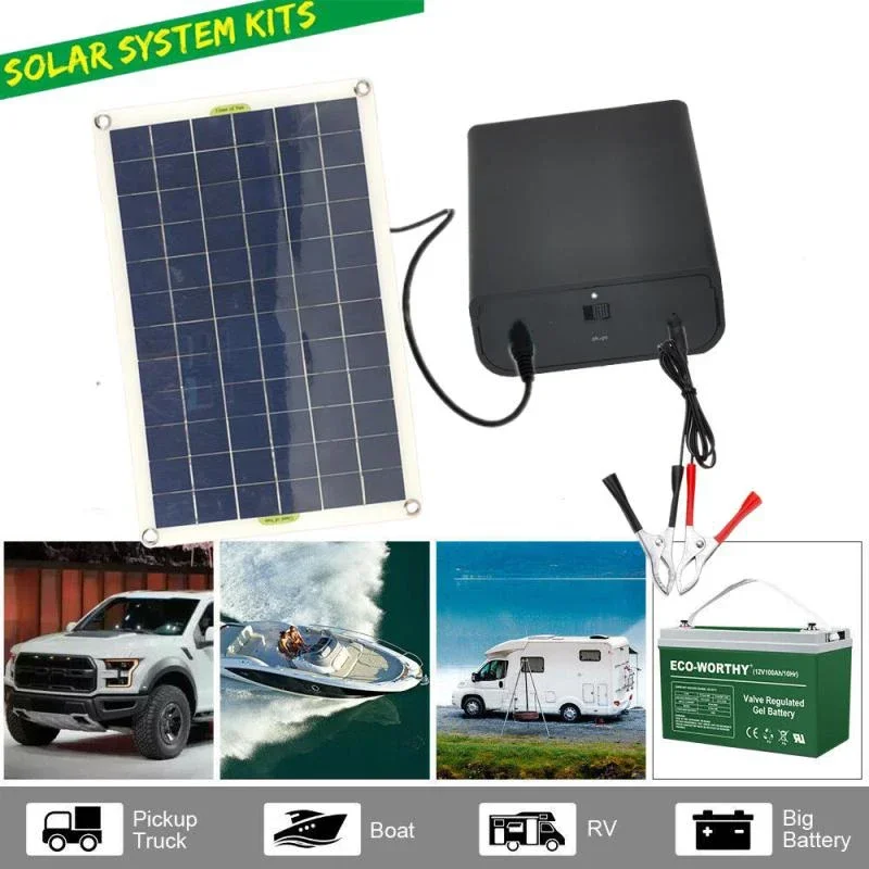 50W Monocrystalline Silicon Solar Panel + Battery Clip + Charging Compartment 12V Dual USB Output Solar Cells Solar Panel