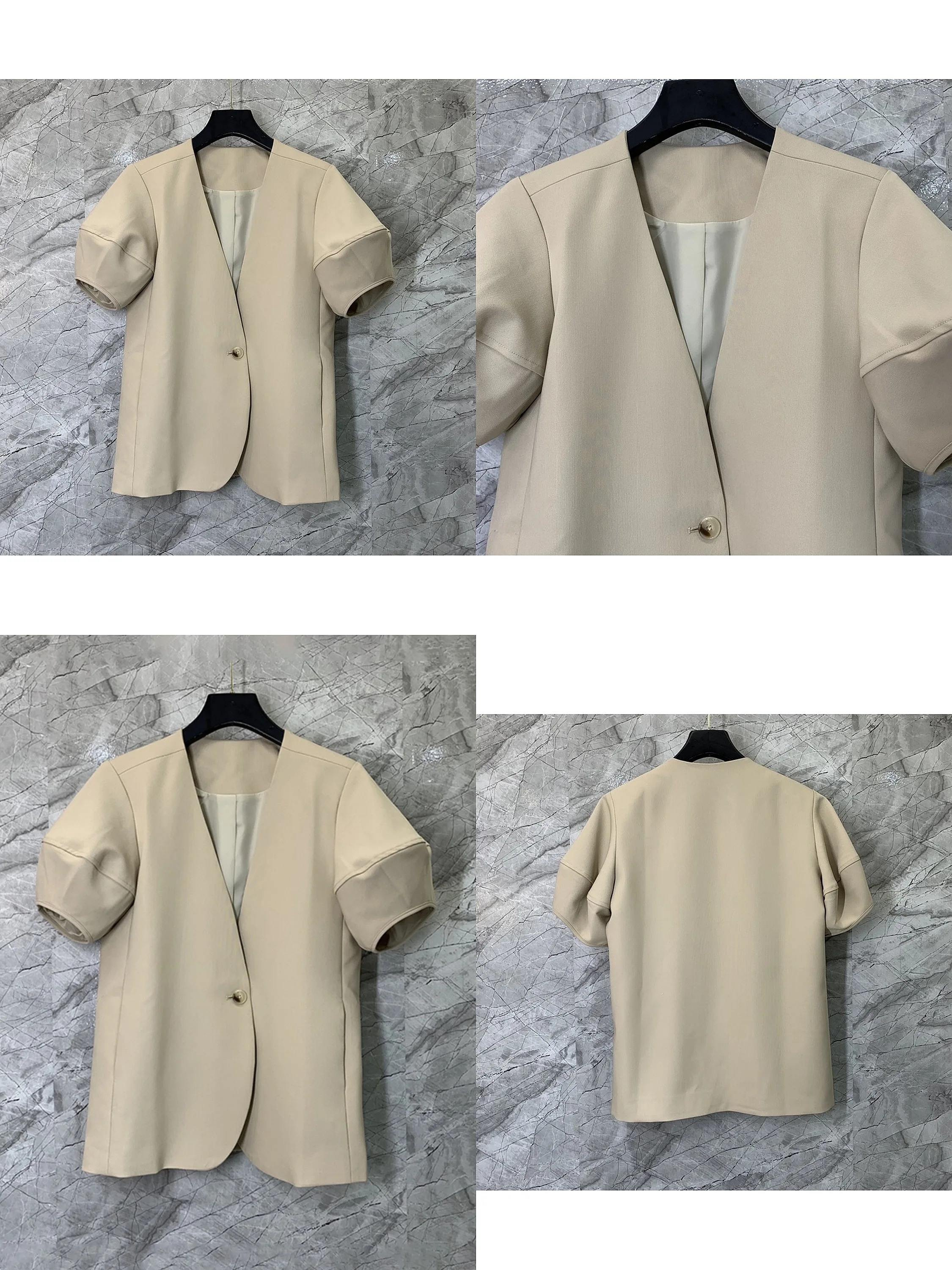

Spring And Summer Solid Color Versatile Design, One Button Bubble Sleeves, V-neck Suit Jacket For Women 2024