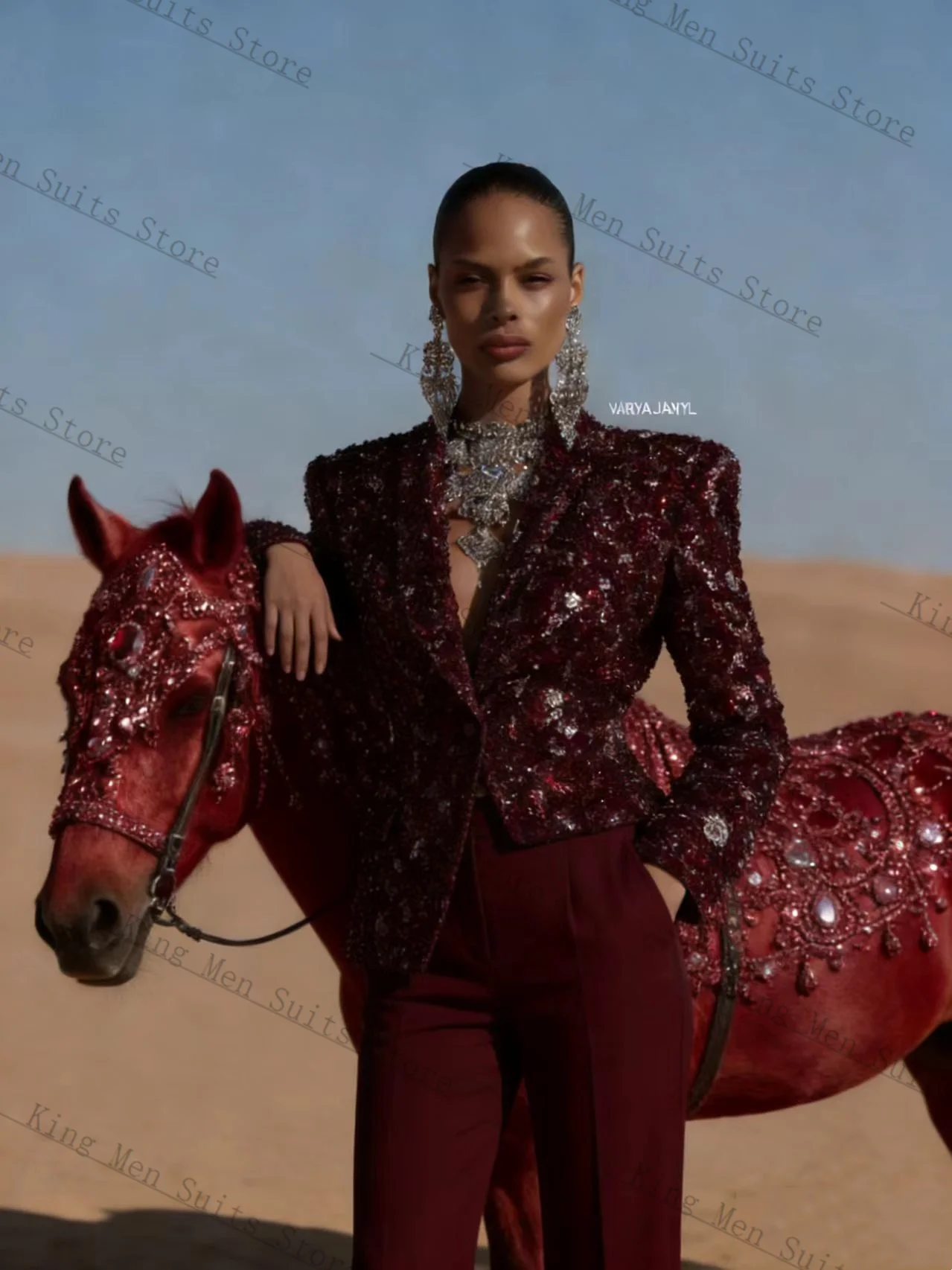 

Burgundy Shiny Women Suit Set 2 Pcs Blazer+Pants Trousers Crystals Spring Customized Formal Guest Wedding Tuxedos Coat Jacket