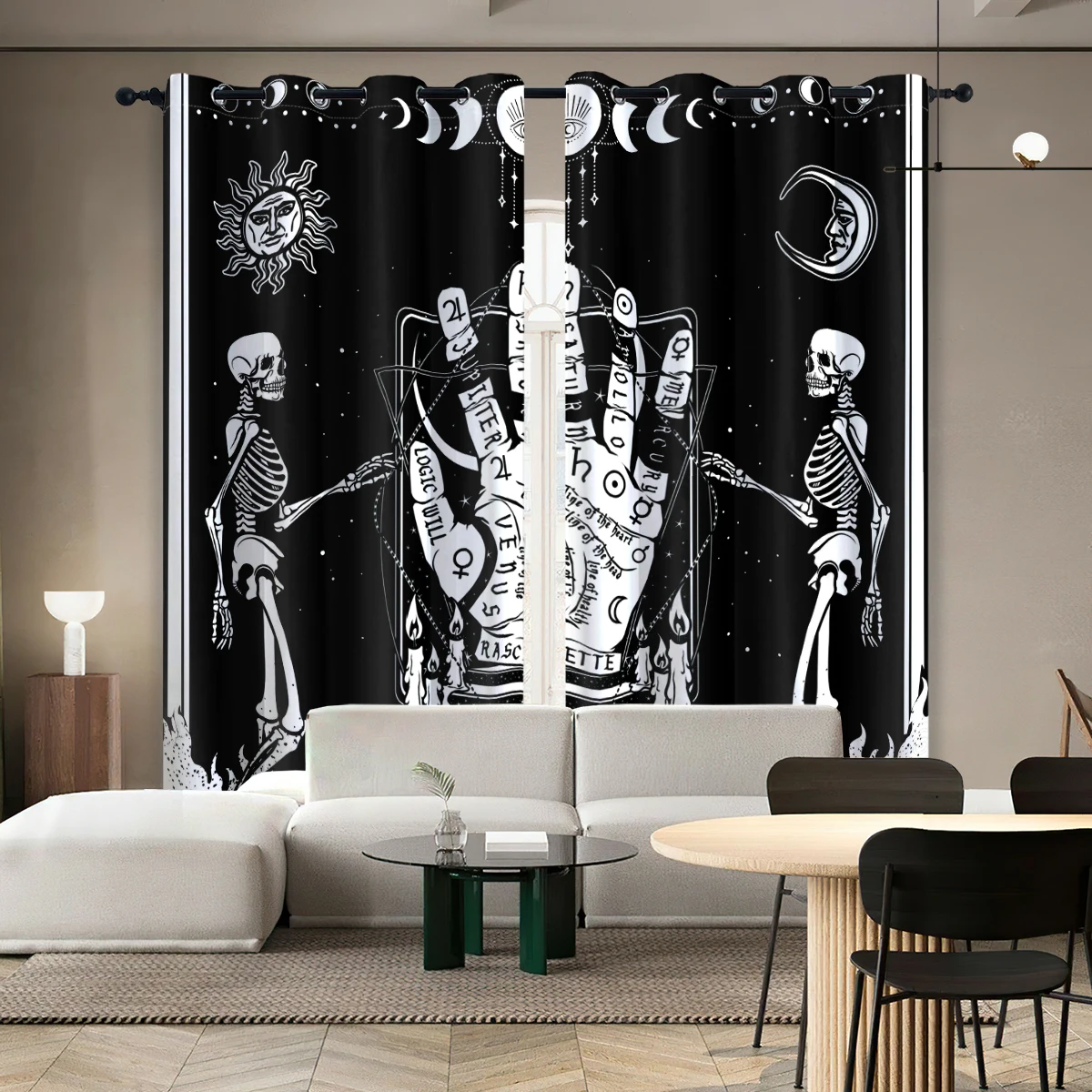 Gothic Occult Skeleton Blackout Curtains - Palmistry Tarot Moon Phase Window Drapes with Love and Peace Print for Bedroom Decor