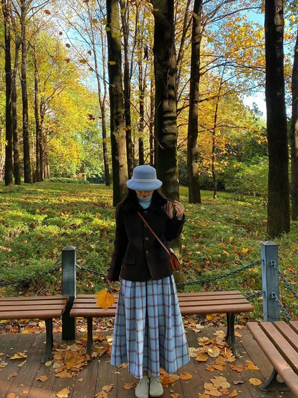 

Ретро-юбка в синюю клетку с завышенной талией, женская, осенне-зимняя, новая, повседневная, из вельвета, приталенная, для офиса и на каждый день