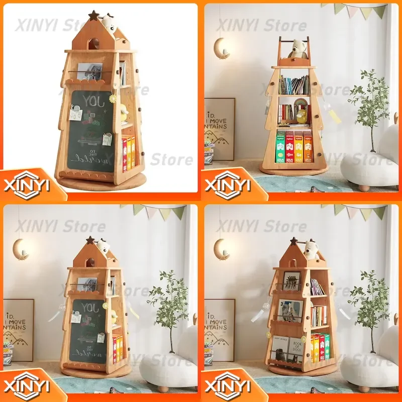 Children's Christmas Tree Toy Storage Rack for Kids Room Solid Wood Cabinet Shelf with Magnetic Blackboard Picture Book