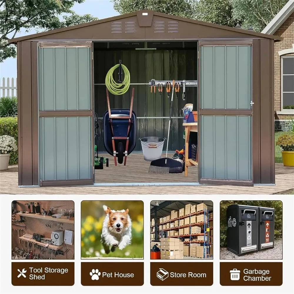 Imagem -03 - Metal Outdoor Tool House Grande Utilitário de Aço com Portas Duplas Bloqueáveis e Aberturas de ar Prateleiras de Armazenamento ao ar Livre 10x8 ft