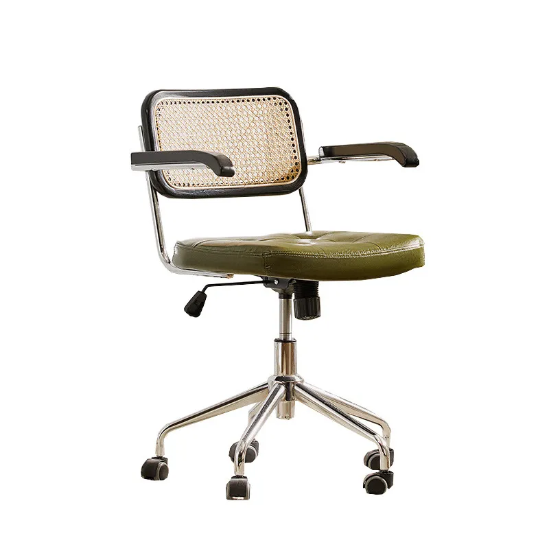 tq-Vintage Rattan Office Chair Swivel Ergonomic Computer Chair Adjustable Height Home Study