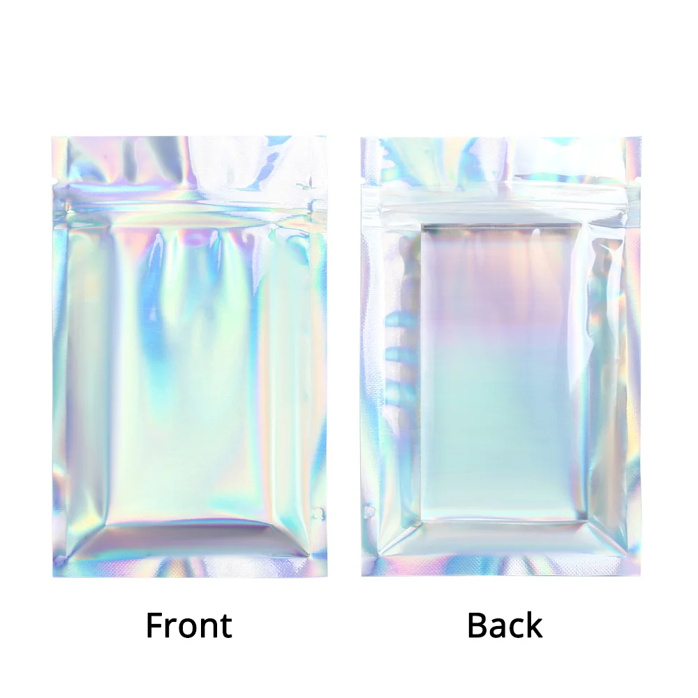 Customized Logo Mylar Bags Resealable Reusable Smell Proof Foil Heat Seal Flat Bottom Glossy Holographic Silver Zip Lock Pouches