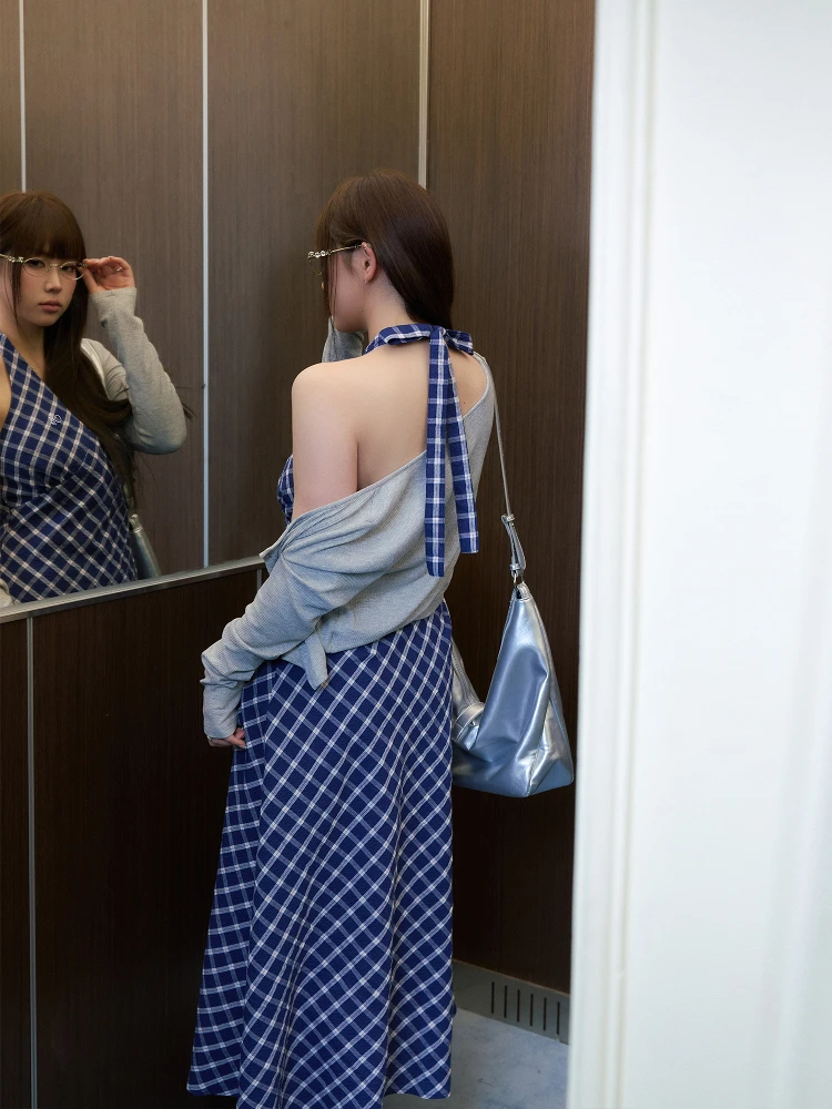 Falda de cintura alta estilo coreano para mujer, talla grande, a cuadros, vintage, adelgazante, de manga larga, estilo A-Line, para ir al trabajo