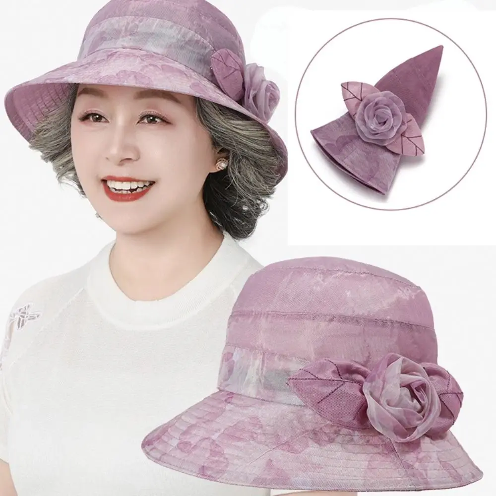 

Portable Flower Sun hat Wide Brim Breathable Middle-aged Fisherman Hat Organza Foldable Thin Basin Hat