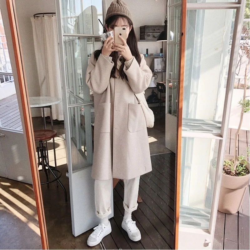 

Blends Women Winter Korean Style Preppy Elegant Streetwear Stylish Sheer Loose Aesthetic Warm Fashion Single Breasted Leisure