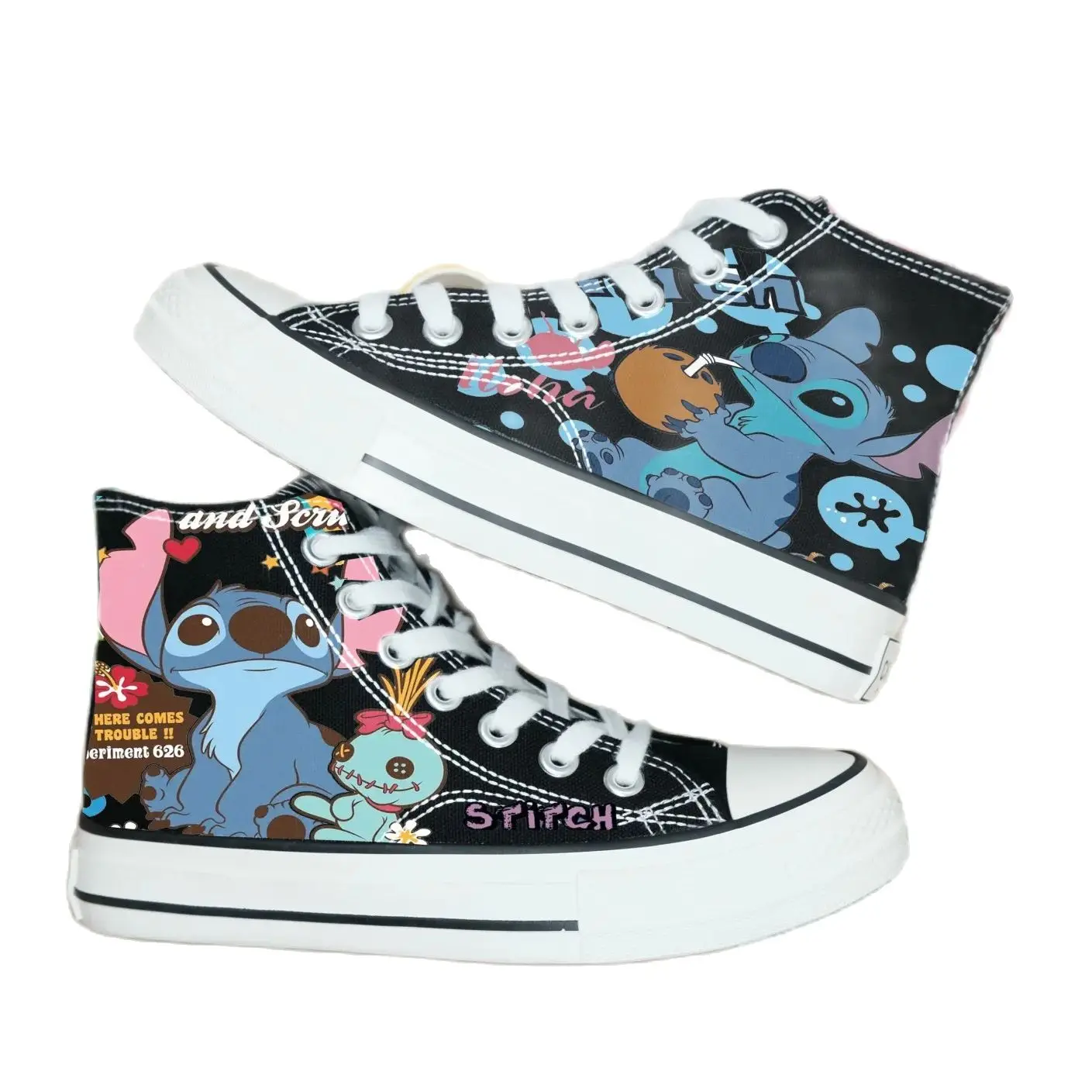 Disney Lilo & Stitch Kids Sneakers Cartoon Flat White Children\'s High Top Canvas Shoes Boys Girls New Student Casual Shoes