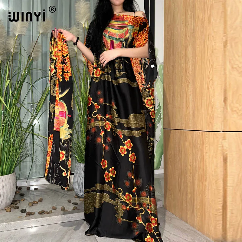 

WINYI New Style Silk loose African Women Clothing Dubai Muslim Dashiki Abaya fashion Print Design With Scarf Loose beach dress