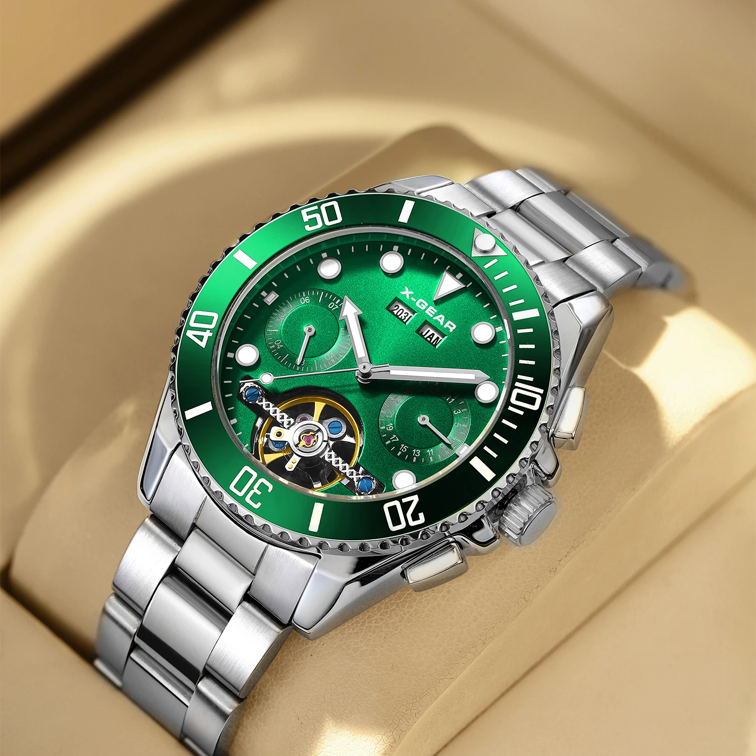 ساعة X-GEAR للرجال ميكانيكية خضراء عصرية من الفولاذ المقاوم للصدأ مقاومة للماء ومضيئة ومتعددة الوظائف توربيون أوتوماتيكي فاخر
