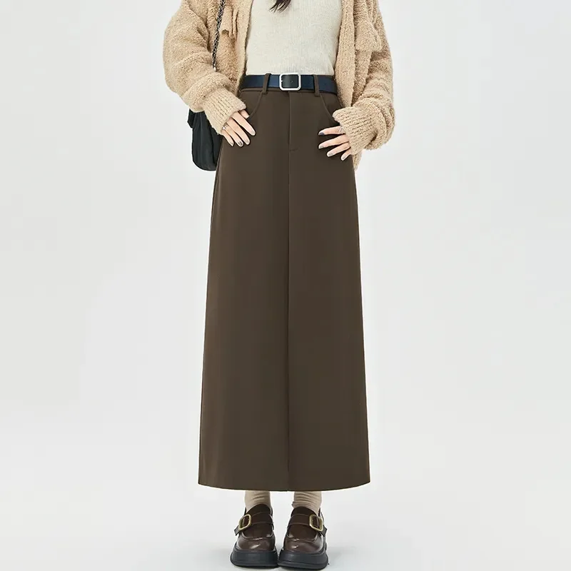 Ladies Thicken Straight Cylinder Length Skirts Korean Women Fashion Woolen Suit Skirt Autumn Femme High Waist Bag Hip Maxi Skirt