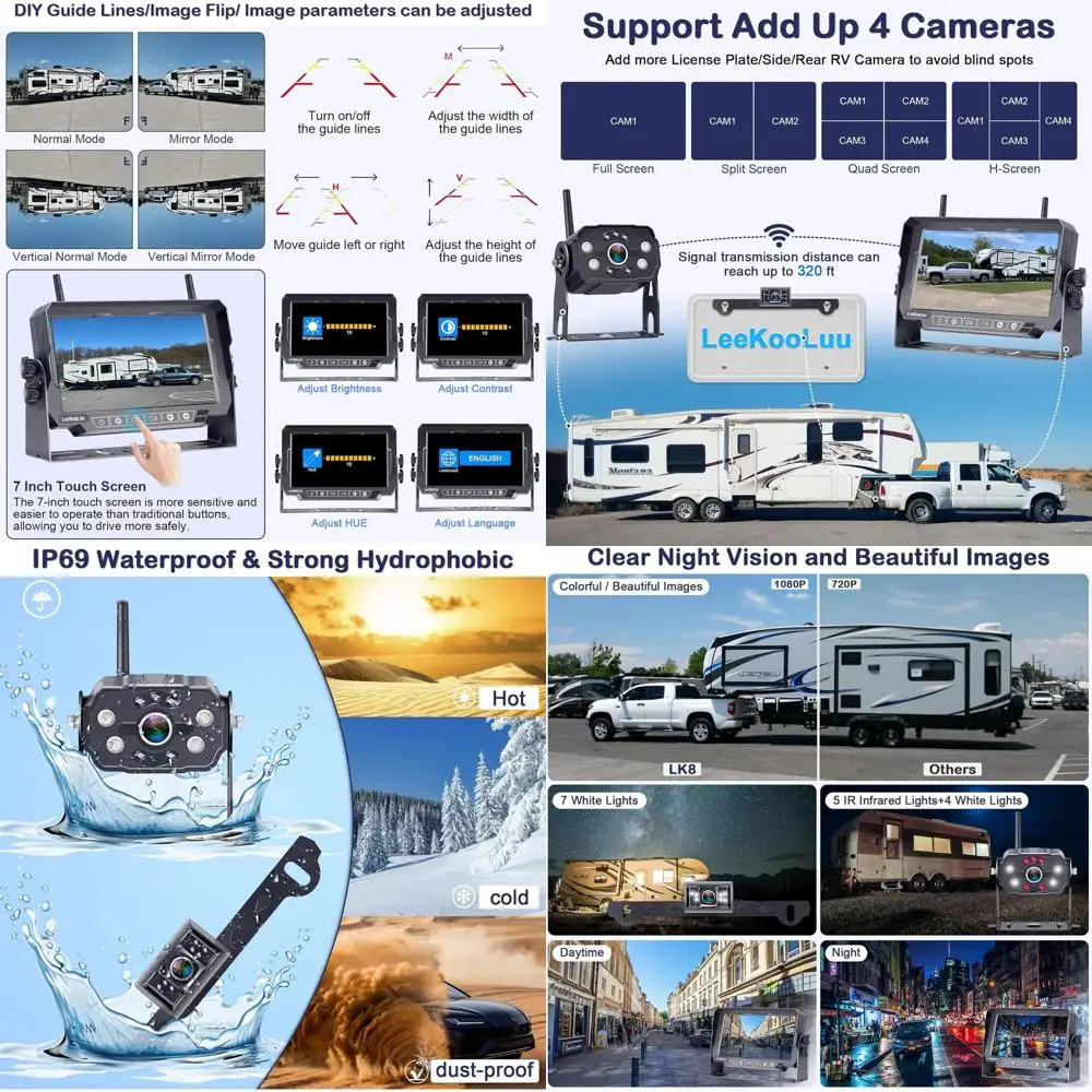 Dual RV Backup Cameras Wireless - Ease Install Plug-Play Recording HD 1080P 7'' Touch Key Monitor Trailer Truck Rear View Cam Ni