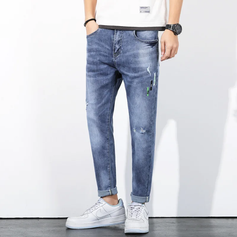 Jeans rasgado para homens, calça casual de algodão, calça slim fit, roupas de alta qualidade, moda