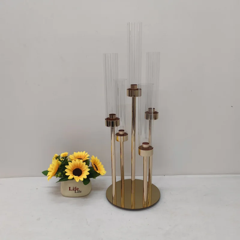 2/4Pcs Wedding Candlestick Five Head Flower Vase Table Party Golden Candle Holder Stand Dinner Props Table Decoration