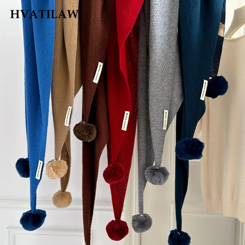 Solid Knit 100% Wool Triangle Shawl with Fluffy Pom Pom Tips Women Layering Neck Wrap Shawl Neckerchief Scarves Pashmina Poncho