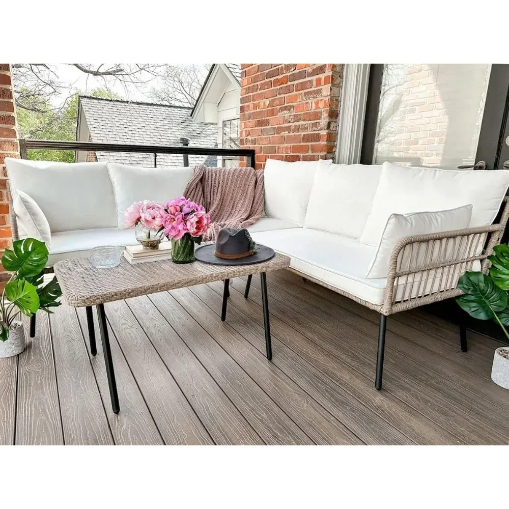 Rattan ao ar livre Tecido secional em forma de L Sofá, Mobiliário Pátio Set, Boho destacável Espreguiçadeira, 5 lugares, 4 pcs