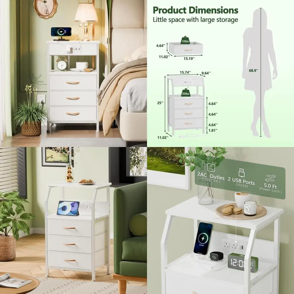 

28.3 Tall Charging Station Nightstand with Fabric Drawers, USB Ports & Outlets, Multi-Functional White Bedroom Table