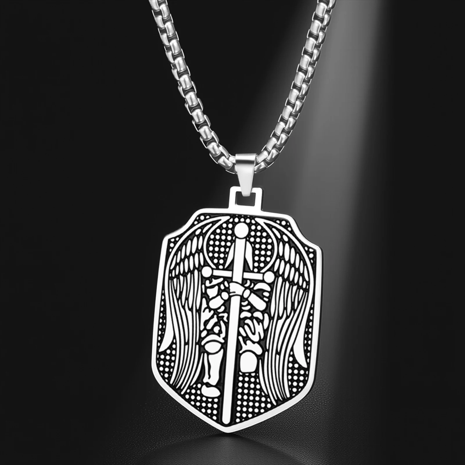 HIPEE Stainless Steel Archangel St. Michael Necklace Patron Saint of Police Sword Cross Shield Tag Rectangle Amulet Unisex Jewel