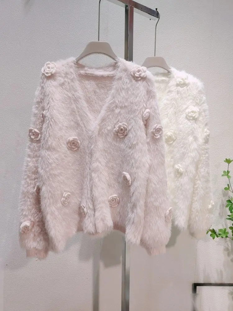 

2024 Imitation Mink Fur New Three-Dimensional Flower Sweater Jacket Women's Winter Korean Version Lazy Style Knitted Cardigan