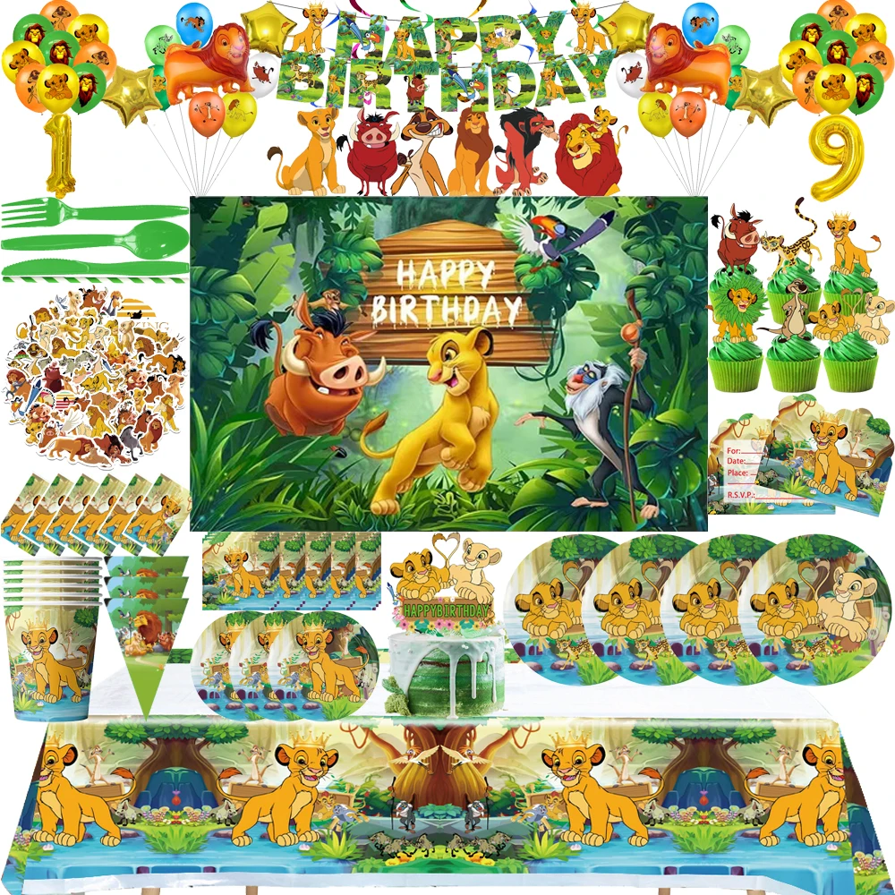 Re leone Simba Ragazzo Decorazioni per feste di compleanno Bicchieri di carta Piatti Tovaglia Palloncini per bambini Forniture per decorazioni per