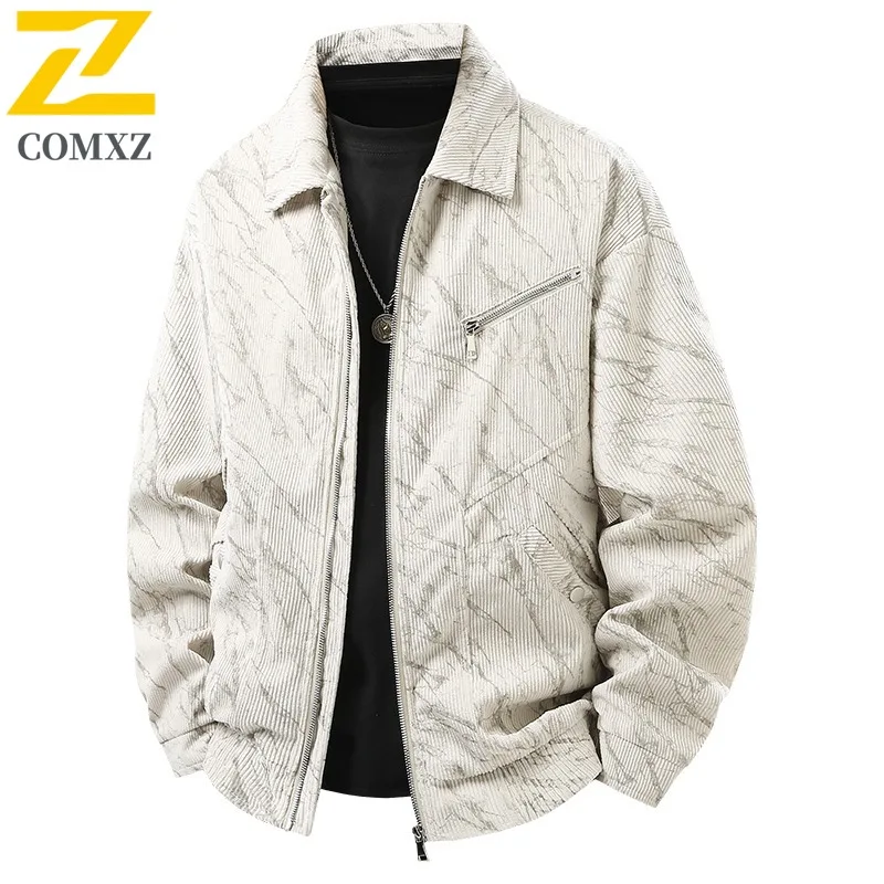 

COMXZ Полосатая куртка мужская вельветовая с принтом тай-дай с лацканами в виде листьев хлопковое пальто повседневное пальто с воротником рубашки рабочая одежда американская повседневная одежда 2025