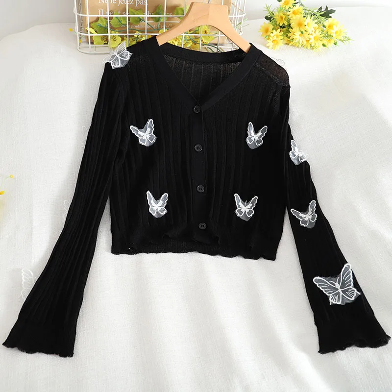 Women\'s Sun Protection Knitted Cardigan Thin V Neck Lace Butterfly Long Sleeve Tops Summer Single Breasted Female Knitshirts