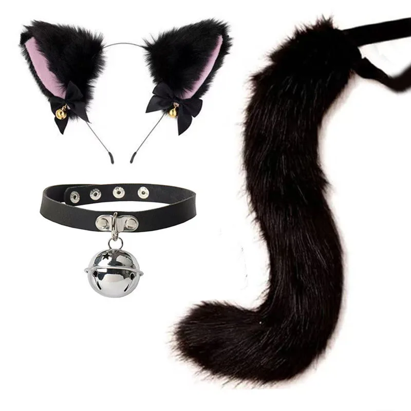 Handgefertigte Katzenohren-Glocken-Stirnband- und Schwanz-Accessoire-Sets, schwarz, pelzig, für Halloween, Cosplay, Party, Tanz, Performance, Bekleidung, Kostüm-Requisiten – Detail 12