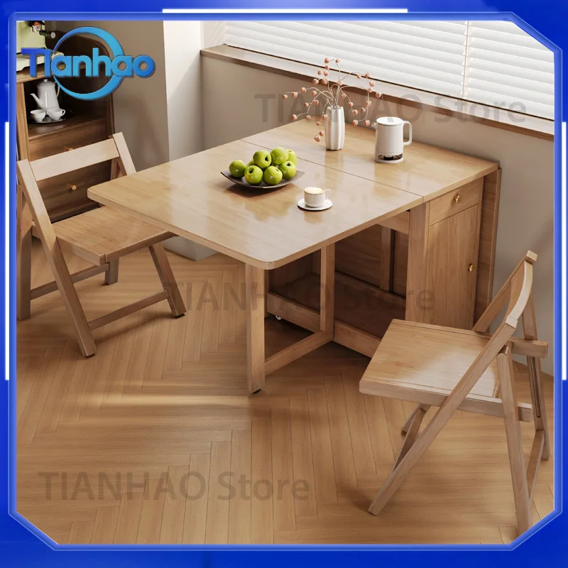 Solid Wood Folding Dining Table for Small Spaces Movable Expandable Wall Mounted Dining Table with Storage Chairs Set