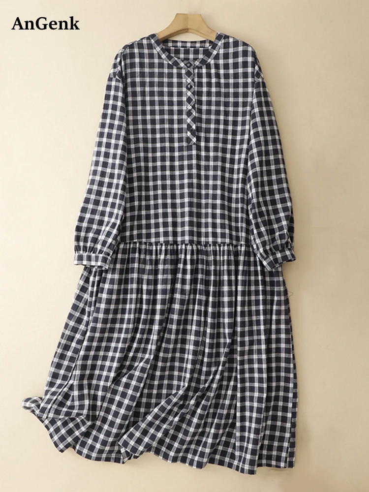 2025 Spring Autumn New Cotton Vintage Plaid Shirt Dresses For Women Long Sleeve Casual Loose Office Work Dress Elegant Clothing