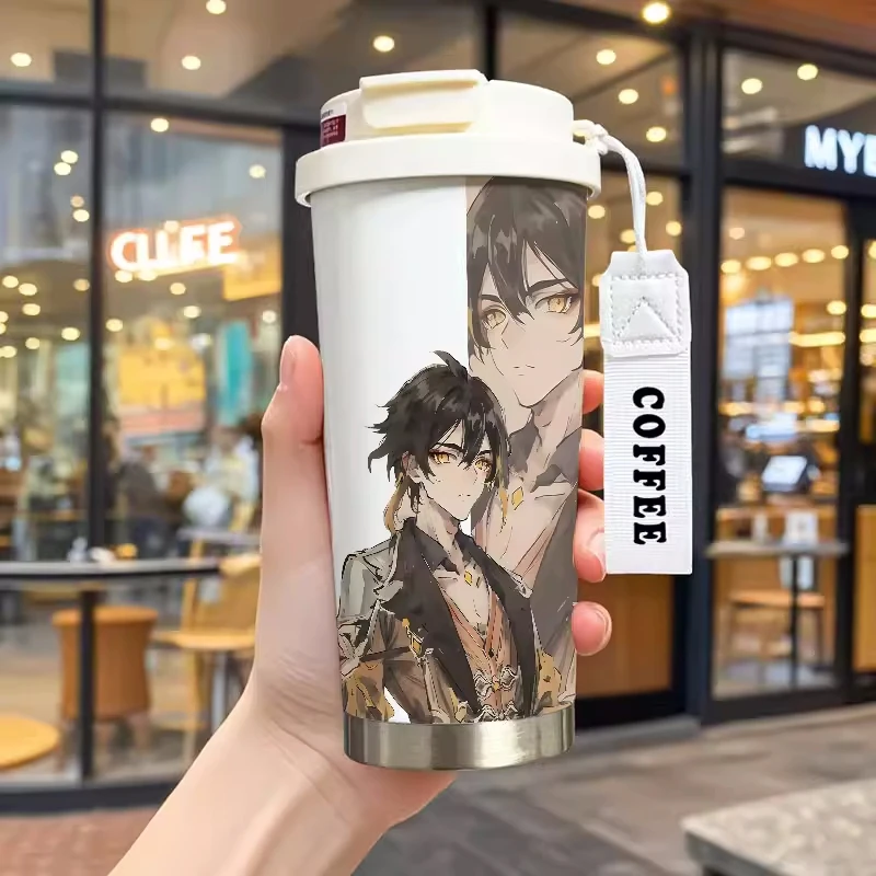 530ml Thermos Cup Genshin Impact Cartoon Zhongli Shenhe Yelan 316 Stainless Steel Water Coffee Cup Office Students Portable