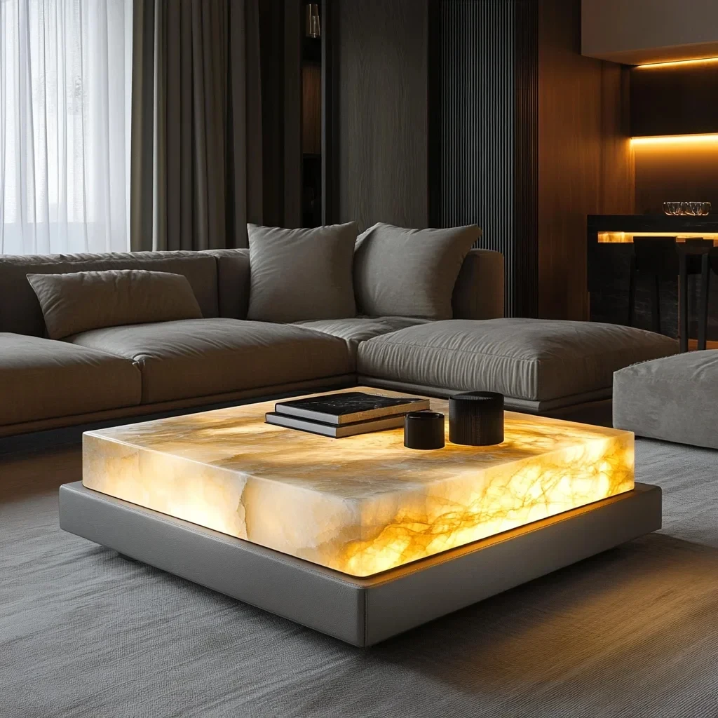 

xzSquare luxury stone leather luminous jade coffee table large flat-floor villa living room modern marble