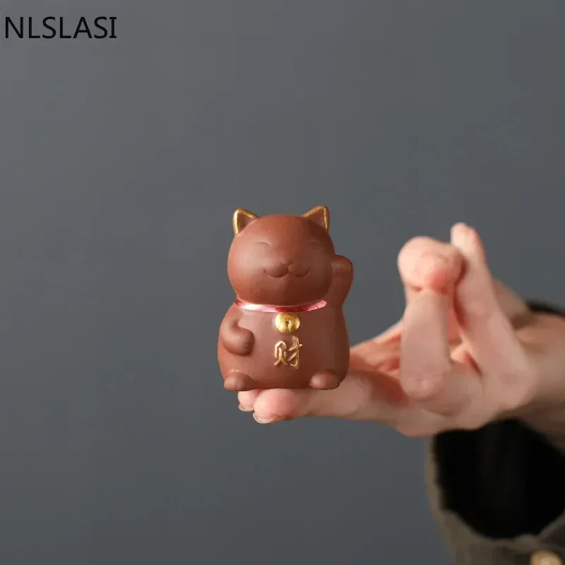 NLSLAISI 1 PCS Yixing Purple Clay Small Tea Pet Lucky Cat Figurine Ornament Boutique Tea Accessories Crafts Home Tea Decoration