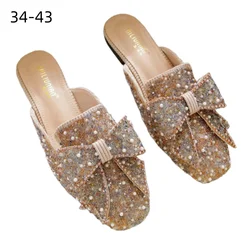 Lady Peal Bow TNew In Slippers Flat Slides For Bare Foot Closed Toe Black Gold Daily Shoes Anti-Slippy Outdoor Cute Bling 33-43