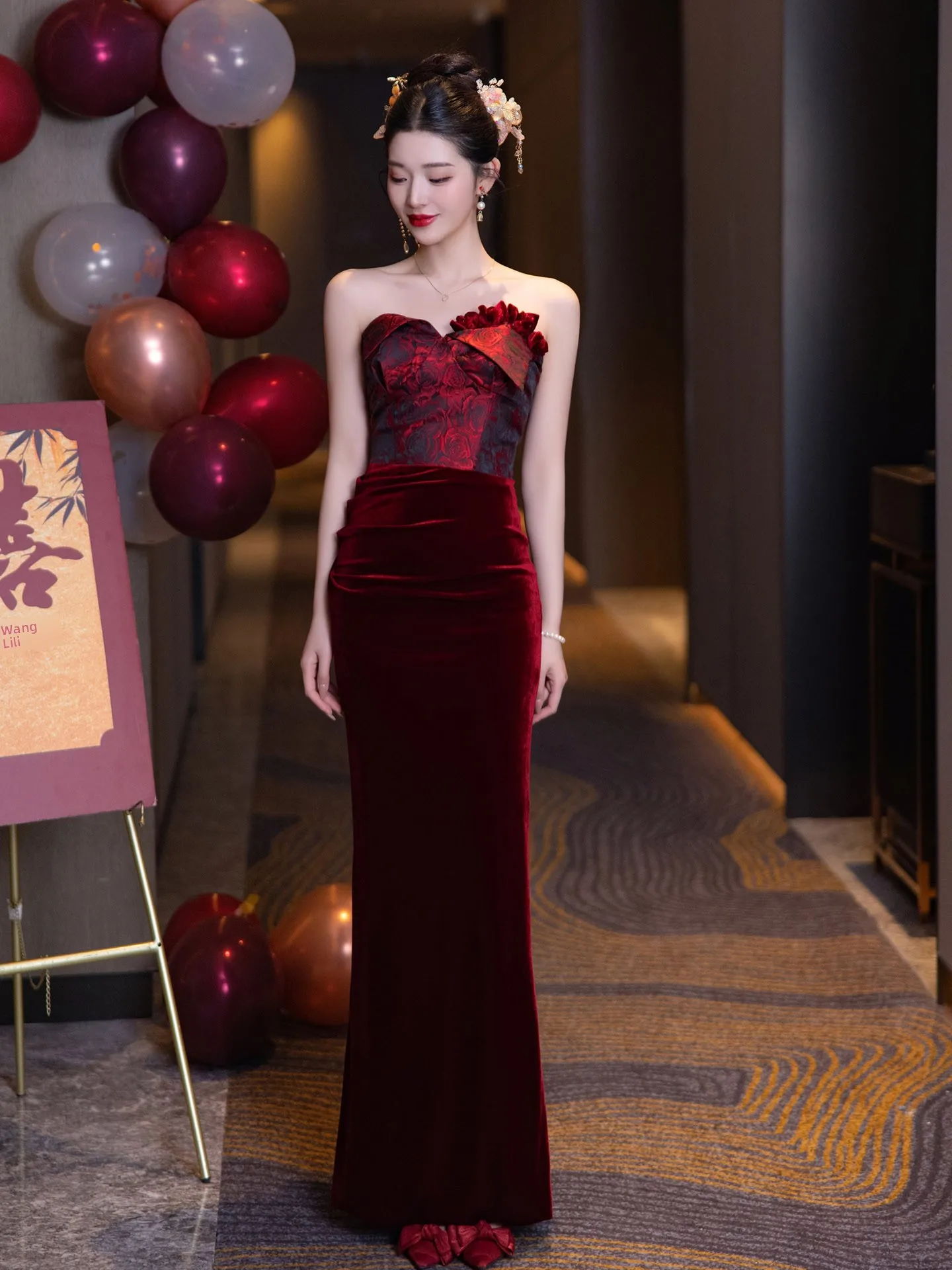 

Вечернее платье Ele Velvet для женщин, красное, с эффектом стройности, с дизайнерским шлейфом, для свадьбы, помолвки, вечеринки, праздника, KTV-вечеринки