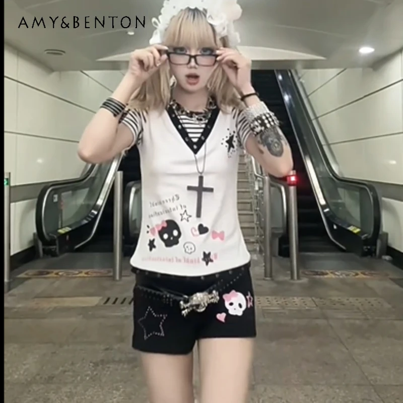 

Summer New Sweet Girl Anime Short Women's Top Original Japanese Subculture Striped Splicing V-Neck Short Sleeve T-Shirts Ladies