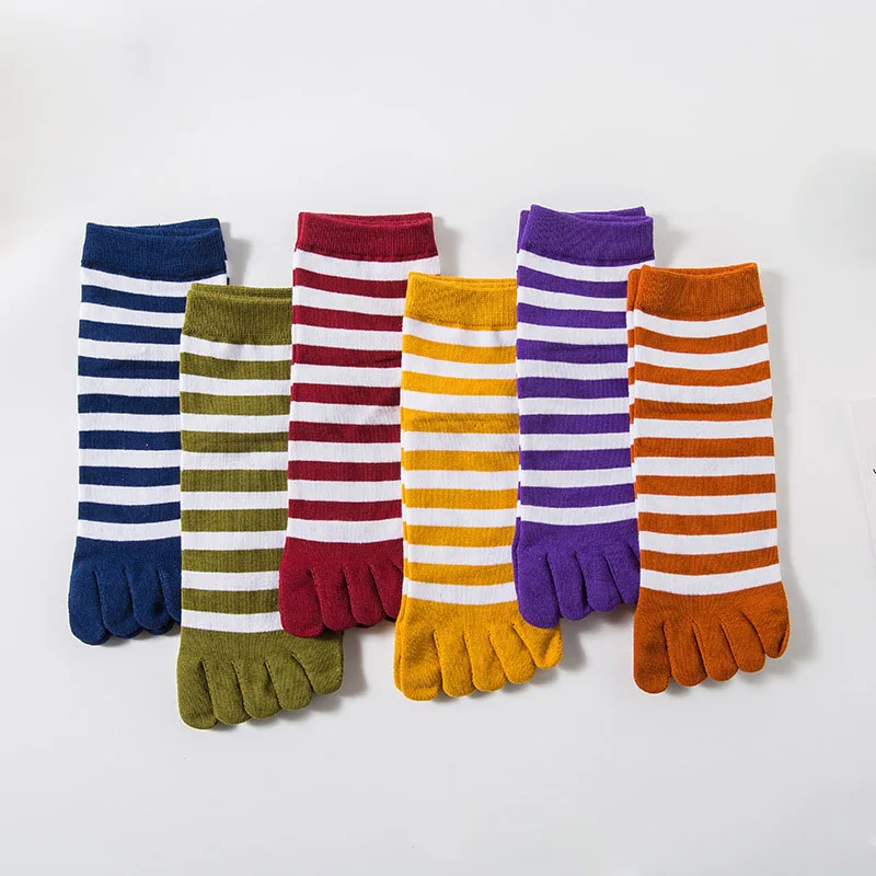 5 Pairs Short Girls Colorful Striped Toe Socks Korean Style Young Women Fashion Five Finger Crew Happy Cotton Socks with Toes