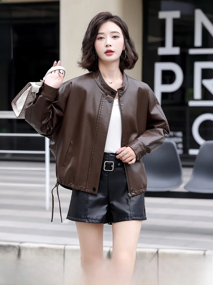 

Lamb Leather Jaet Women's ort Casual Loose Sle Spring Autumn New Faion Brand Genuine Leather Coat